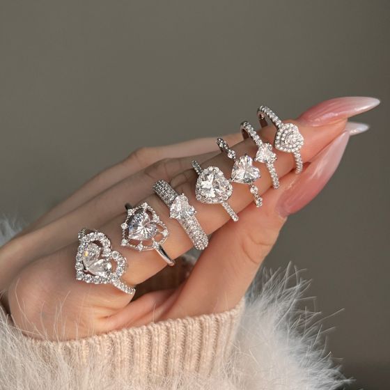 Heart Adjustable Ring with 8A Cubic Zirconia, 925 Sterling Silver