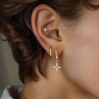 Crystal Four Leaf Clover Sterling Silver Dangling Hoop Earring (Single)