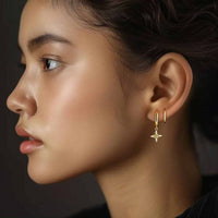 Crystal Four Leaf Clover Sterling Silver Dangling Hoop Earring (Single)