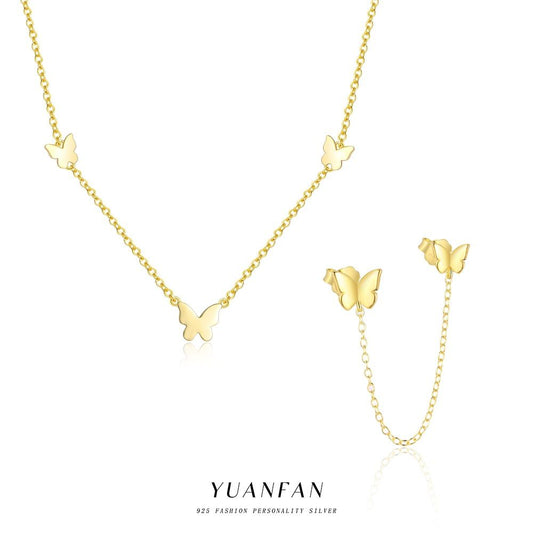 Beautiful Girl Flying Butterfly Necklace with Double-Hole Earrings