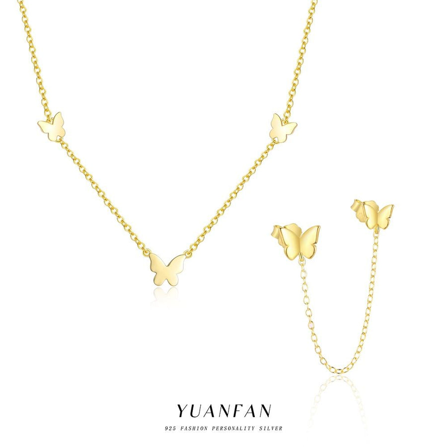 Beautiful Girl Flying Butterfly Necklace with Double-Hole Earrings