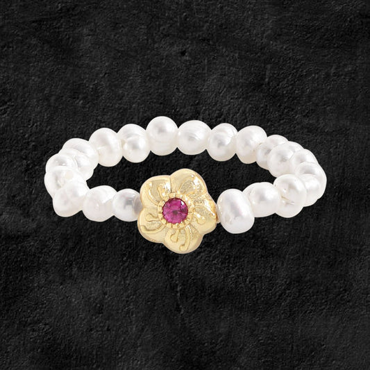 Pink Plum Blossom Ring with Cubic Zirconia and Pearls