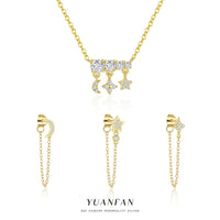 Crescent Moon and Star 925 Sterling Silver Necklace and Earrings