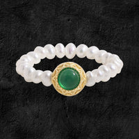 Round Green Cubic Zirconia and Pearl Sterling Silver Ring