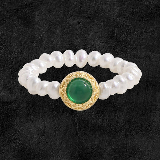Round Green Cubic Zirconia and Pearl Sterling Silver Ring