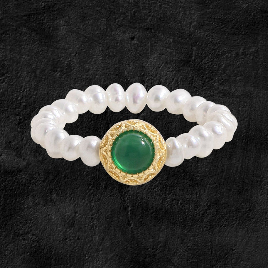 Round Green Cubic Zirconia and Pearl Sterling Silver Ring