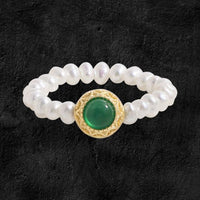Round Green Cubic Zirconia and Pearl Sterling Silver Ring