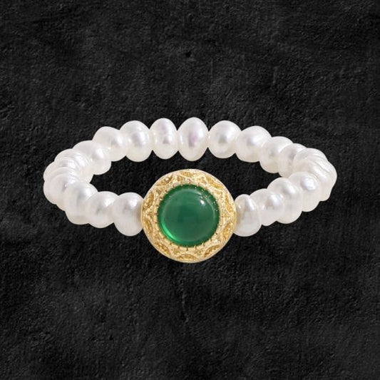 Round Green Cubic Zirconia and Pearl Sterling Silver Ring