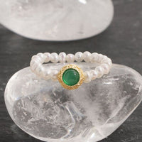 Round Green Cubic Zirconia and Pearl Sterling Silver Ring