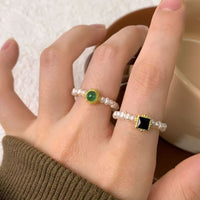 Round Green Cubic Zirconia and Pearl Sterling Silver Ring