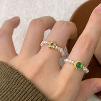 Round Green Cubic Zirconia and Pearl Sterling Silver Ring