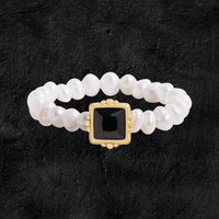 Black Square Cubic Zirconia and Pearl 925 Sterling Silver Ring