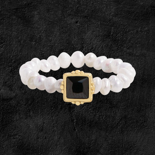 Black Square Cubic Zirconia and Pearl 925 Sterling Silver Ring