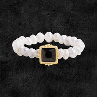 Black Square Cubic Zirconia and Pearl 925 Sterling Silver Ring