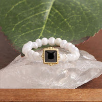 Black Square Cubic Zirconia and Pearl 925 Sterling Silver Ring