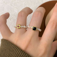 Black Square Cubic Zirconia and Pearl 925 Sterling Silver Ring