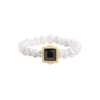 Black Square Cubic Zirconia and Pearl 925 Sterling Silver Ring