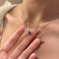 Blue Austrian Crystal Butterfly Necklace, 925 Sterling Silver