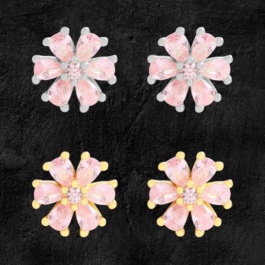Pink CZ Sakura Flower 925 Sterling Silver Stud Earrings