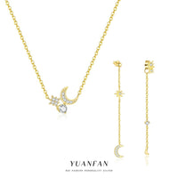 Crystal Crescent Moon and Star Necklace, 925 Sterling Silver