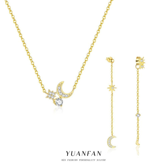 CZ Crescent Moon and Star Necklace, 925 Sterling Silver