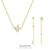 Crystal Crescent Moon and Star Necklace, 925 Sterling Silver