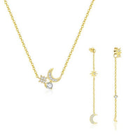 Crystal Crescent Moon and Star Necklace, 925 Sterling Silver