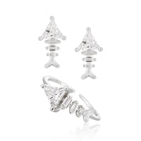 Irregular Crystal Fishbone 925 Sterling Silver Adjustable Ring & Stud Earrings