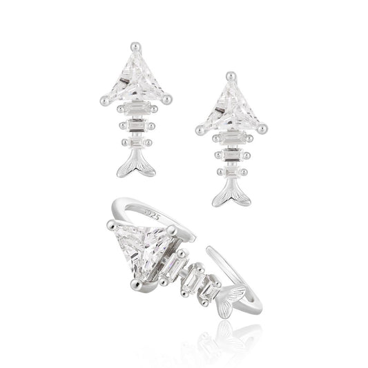 Irregular CZ Fishbone 925 Sterling Silver Adjustable Ring & Stud Earrings