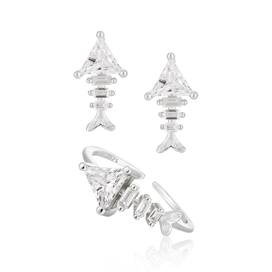 Irregular Crystal Fishbone 925 Sterling Silver Adjustable Ring & Stud Earrings