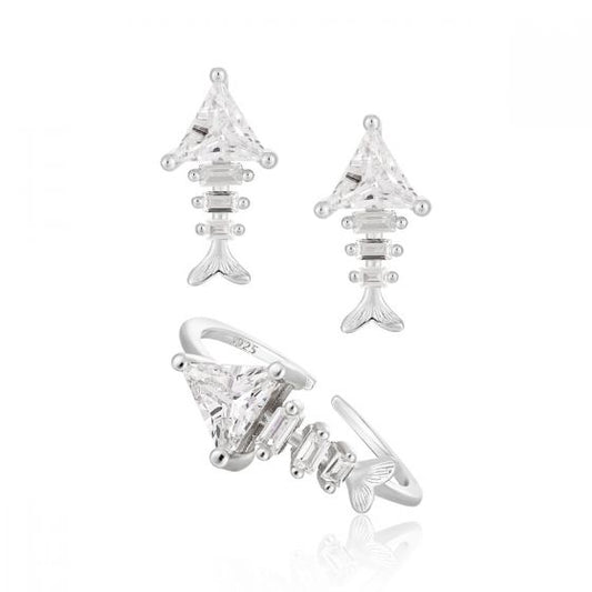 Irregular CZ Fishbone 925 Sterling Silver Adjustable Ring & Stud Earrings