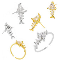 Irregular Crystal Fishbone 925 Sterling Silver Adjustable Ring & Stud Earrings