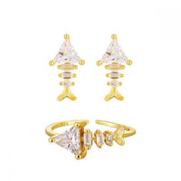 Irregular Crystal Fishbone 925 Sterling Silver Adjustable Ring & Stud Earrings