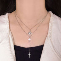 Double Crystal Cross 925 Sterling Silver Necklace