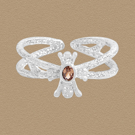 Double-Layer Brown Oval CZ 925 Sterling Silver Adjustable Ring