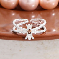 Double-Layer Brown Oval Crystal 925 Sterling Silver Adjustable Ring