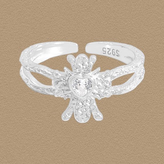 Irregular Heart Crystal Adjustable Ring, 925 Sterling Silver