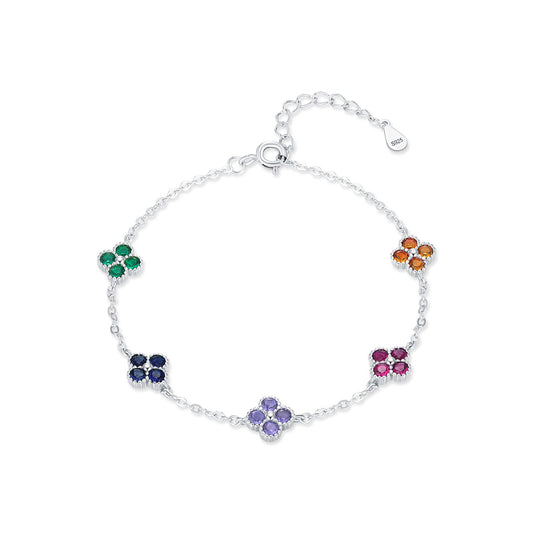 Colorful Four-Leaf Clover Cubic Zirconia Bracelet in 925 Sterling Silver