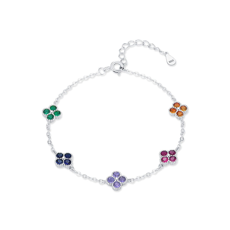 Colorful Four-Leaf Clover Cubic Zirconia Bracelet in 925 Sterling Silver