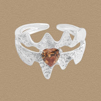 Double Layer Brown Crystal Heart 925 Sterling Silver Adjustable Ring