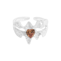 Double Layer Brown Crystal Heart 925 Sterling Silver Adjustable Ring