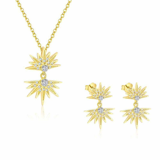 Sunshine CZ Necklace and Stud Earrings, 18K Yellow Gold, 925 Sterling Silver