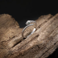 Snake Ring with Green Crystal Eyes, 925 Sterling Silver Adjustable Ring