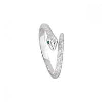 Snake Ring with Green Crystal Eyes, 925 Sterling Silver Adjustable Ring