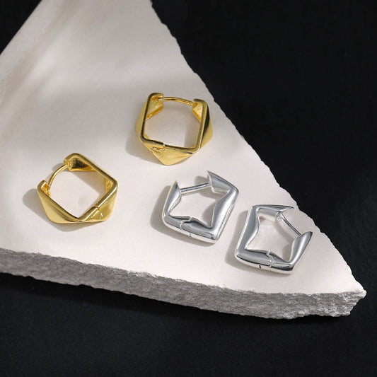 Irregular Geometry Square 925 Sterling Silver Hoop Earrings