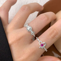 Hollow Heart Cubic Zirconia Adjustable 925 Sterling Silver Ring