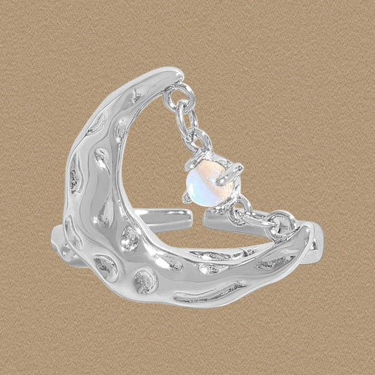 Irregular Crescent Moon CZ Adjustable Ring, 925 Sterling Silver