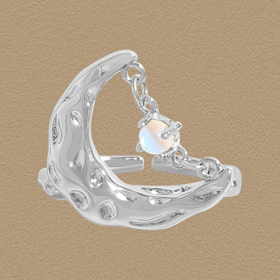 Irregular Crescent Moon Crystal Adjustable Ring, 925 Sterling Silver