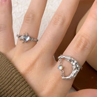 Irregular Crescent Moon Crystal Adjustable Ring, 925 Sterling Silver