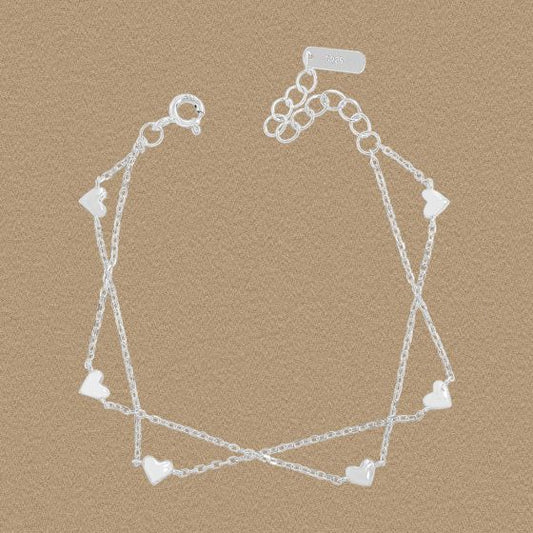 Double Layer Curb Chain Heart Bracelet, 925 Sterling Silver